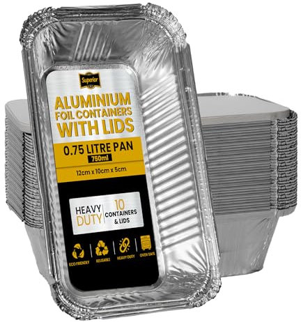 Superior Foil Containers with Lids – Pack of 10 Sturdy Deep Foil Trays with Lids - Ideal for Storage Baking Roasting BBQ Cooking – Reusable Food Containers for Small to Medium Size Meals 750ml