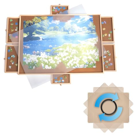 Tableau de puzzle pivotant avec tiroirs et plaque de protection – Table à puzzle pour 2000 pièces, rotation à 360°, feutre antidérapant, compartiments de tri, plateau en bois stable pour puzzler