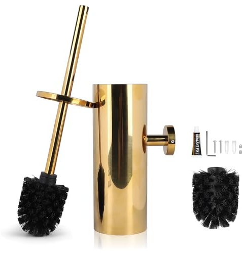 EXLECO Edelstahl Klobürste Gold WC Bürste mit Ersatzbürste Wasserauffangbehälter Toilettenbürste & Toilettenbürstenhalter Wandmontage Stehen Klobürstenhalter WC Bürstengarnitur Badezimmer Accessoires