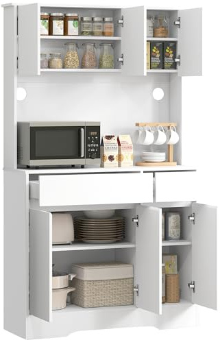 HOMCOM Credenza Cucina Alta con 6 Ante e 2 Cassetti, Mobile Cucina con Passacavi, Mobile Dispensa con Ripiani Regolabili e Piano per Microonde, per Sala da Pranzo e Soggiorno, 100x38x180 cm, Bianco