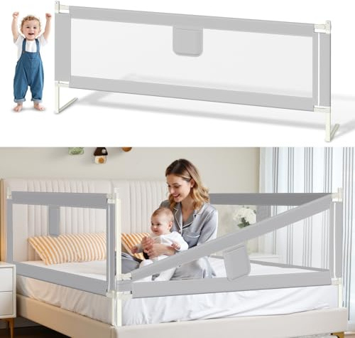 Vkechh Griglia di protezione per letto 200 cm x 2 + 150 cm x 1, griglia di protezione regolabile in altezza 64 – 96 cm, per neonati e bambini, con interruttore a doppio pulsante, facile da montare