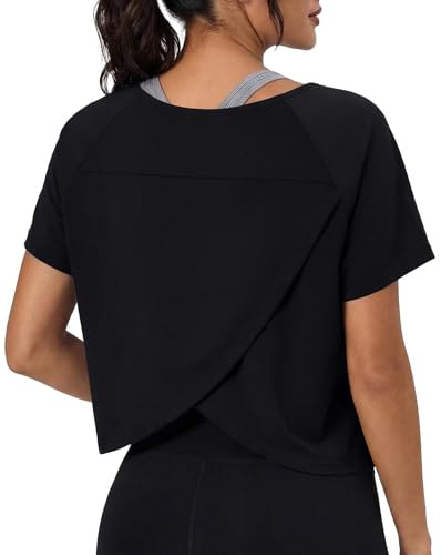 GRECERELLE Women's Gym Top Cotton Blend Short Sleeve Loose Fit T-Shirt with Crossover Back Yoga & Running Activewear for Ladies Sports Workout Tees for Women