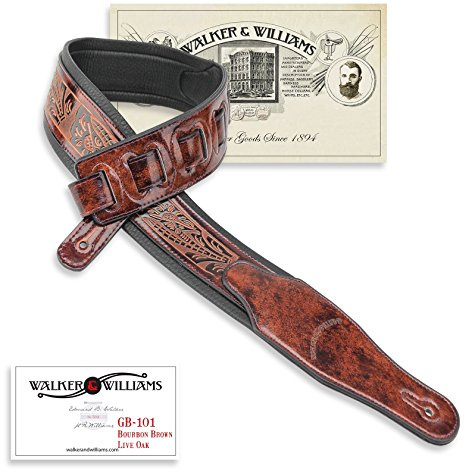 Walker & Williams GB-101 Bourbon Brown Handmade Padded Leather Strap Classic Live Oak Pattern For Acoustic, Electric, And Bass Guitars