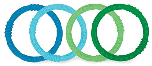 Bumkins Baby Teething Freezer Toy Keys Rings, Soft Flexible Pacifier to Chew, Cool Teether Gum Relief, Babies 3 Months, Freezable, Platinum Cured Silicone, Sensory Bracelet, 4-pk Blue and Green