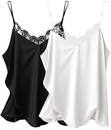 Ekouaer Women's 2 Packs Lace Camisole Silk Satin Tank Top Sleeveless Blouse Basic Tank Shirt Black&White XXL