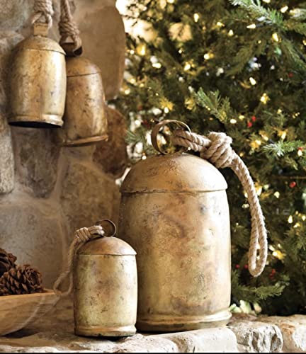 THOR INSTRUMENTS - Große rustikale Kuhglocke im Vintage-Stil, handgefertigt, zum Aufhängen, Harmonie-Glocke auf Juteseil - Metall, Hängendes Ornament, Feste wie Weihnachten, Halloween, Silvester