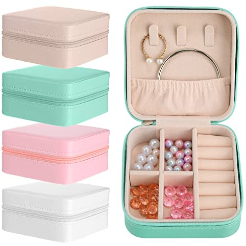 Junkin 8 Pcs Jewelry Travel Case Bulk, Small Jewelry Box Bridesmaid Gifts Jewelrys Box for Women, Portable PU Leather Jewelrys Case Organizer Storage for Rings Earrings Necklaces, 4 Colors