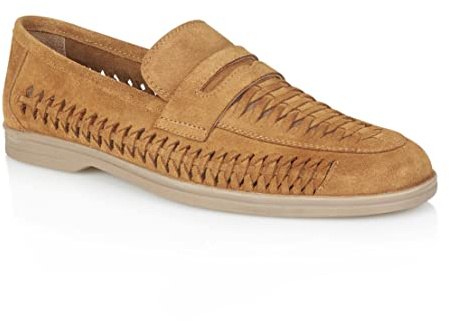 Silver Street London Mens Perth Suede Tan Leather Step-in Loafer with Woven Panels - 8
