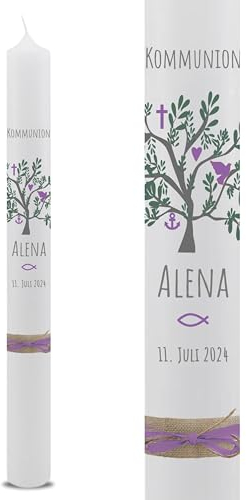 VILLA ROSA LOTTA – Personalisierbare Kommunionkerze Taufkerze „Alena“ mit Wunschdaten und Rückseite | Lebensbaum Motiv | 40 cm x 4 cm | für Jungen und Mädchen | Altarkerze elfenbein