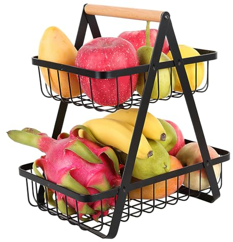 BRISKORE Obst Etagere Schwarz, Obstkorb Etagere Obst Obstkorb 2 Stöckig, Obstschale Schwarz Obstkorb Schwarz Obstschale Modern, Obstschale Etagere für Obst Aufbewahrung, Gemüse Aufbewahrung Küche
