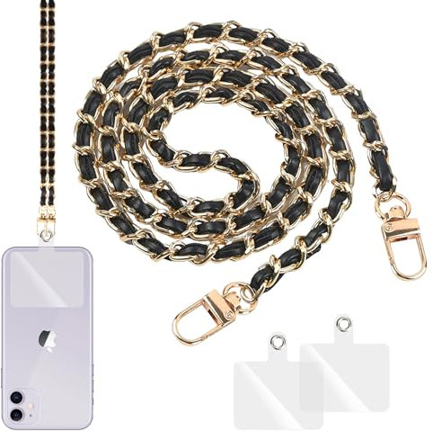 Correa de cadena para móvil con 2 parches de repuesto, cordón de piel sintética de aluminio, soporte antipérdida para teléfono de mujer, largo para la mayoría de smartphones