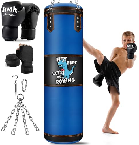 Boxsack für Kinder Hängend Schwerer mit Boxhandschuhen für Kinder 3-12 Jahre MMA Kickboxen Karate Muay Thai Kämpfen Zuhause Turnhalle Taekwondo Ausbildung (Ungefüllt)