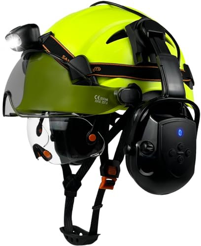 SAFEBUILDER Hard Hats with Bluetooth Ear Muffs Headlight Safety Helmet with Visor Vented Adjustable Construction Forestry Hardhats ANSI (Green+CSV+BTE+SHL01)