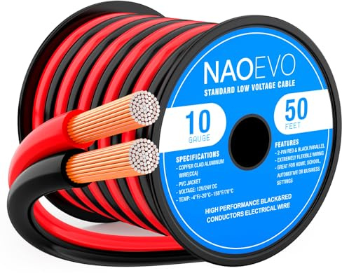 NAOEVO 10 Gauge Wire 50FT, 2 Conductors Electrical Wire Red Black Cable, Flexible/Low Voltage/PVC 10 AWG Copper Clad Aluminum Extension Cord for Speaker, LED Strips, Automotive 12V/24V DC