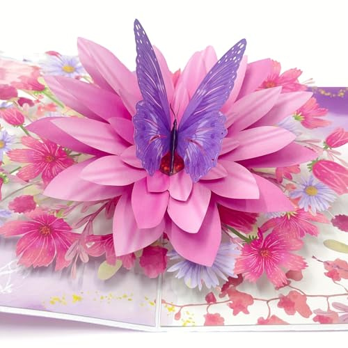 YianHien Biglietto Auguri Compleanno Pop-Up 3D, Elegante Biglietto Fatto a Mano con Fiore di Loto, Biglietto Auguri per Donne, Sentita Carta per la Festa della Mamma (Fiori & farfalle rosa)