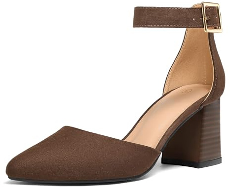 mysoft Women's Pointed Toe Low Chunky Heels Closed Toe Ankle Strap Dress Pump Shoes - Available in Wide Sizes