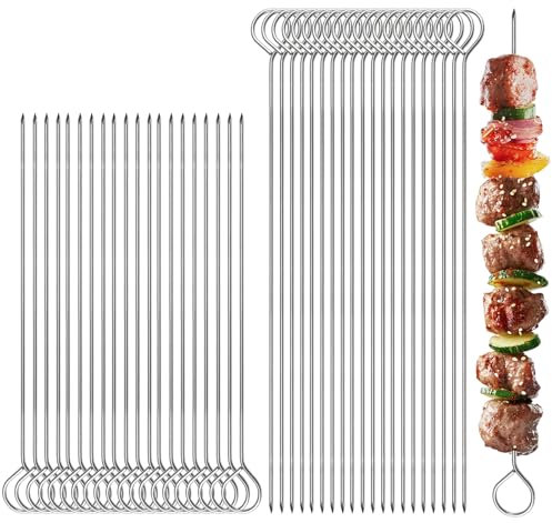 Pack of 40 Reusable Meat Skewers, Stainless Steel, 20 / 25 cm Roulade Needles, Food Grade Metal Skewers, Roulade Needles, Stainless Steel, Metal Grill Kabob for Meat, Shrimp, Fruit, Vegetables