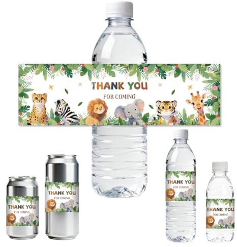 ANATTASOUL 30pcs Etiquetas para Botellas Animal De La Jungla con Flores de Agua Envolturas de Botellas de Agua Pegatinas para Botellas de Agua para Decoración de Fiestas