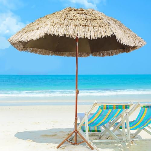 XHDZSM Cantilever Patio Umbrella with Base - 8FT UV-Resistant Outdoor Umbrella, Adjustable Tilt Beach & Pool Umbrella for Garden/Bar/Balcony, Heavy-Duty Waterproof Thatch Design Patio Furniture F-1