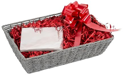 Wickerfield Gift Hamper Basket Kit with Shredded Paper, Make Your Own Gift Hamper, Paper Rope Storage Organiser, Woven Wicker Basket (Grey Basket, Red Filling)