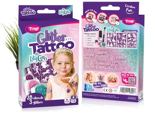 TyToo Set med glittertatueringar för barn, 28 st schabloner, 3 färger, glitter, hudvänlig, vattentät och dermatologiskt testad – kreativ smink-kit för födelsedag