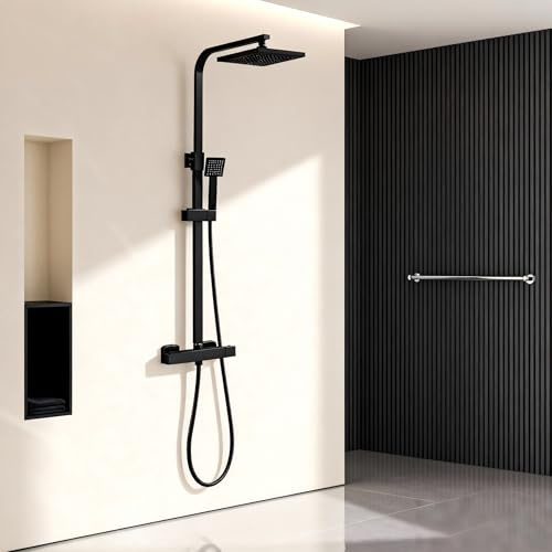 STANEW Columna de Ducha Termostática con Ducha de Techo Cuadrado de 20 cm, Sistema de Ducha Termostático 38 °C, Columna de Cucha Negra Ajustable Altura Entre (Termostática)