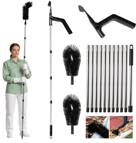 Strumenti per la pulizia delle grondaie, spazzola per la pulizia della grondaia lunga 4,5 m, con pala per la pulizia, 2 testine a 11 poli, spazzola telescopica regolabile per la pulizia delle grondaie