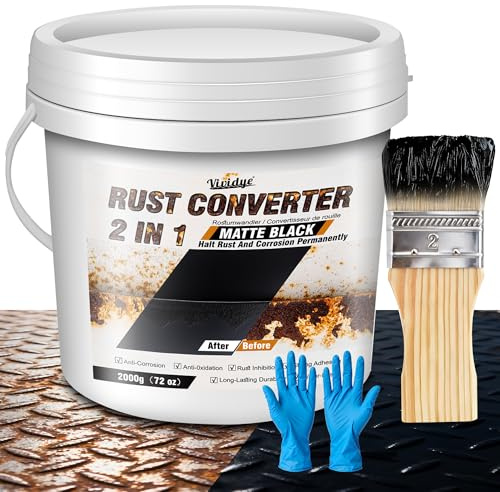 2 in 1 Rust Converter & Metal Primer, 2L / 2000g Matte Black Rust Remover for Metal, Trailer, Truck, Chassis, Frame, Water-based Rust Inhibitor and Encapsulator Paint, Easy Application, Long-Lasting