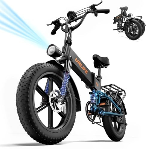 URLIFE Folding Electric Bike, 20 * 4.0 Inch Fat Tire E-Bike for Adult 48V 13AH Removable Battery, 80-100KM Long Range, Full Suspension for All Terrains, Electric Mountain Bike with LED (Matte black)