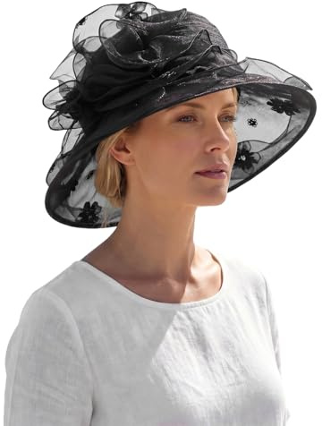 FakeFace Elegante Damenhut Teeparty Hut mit UV-Schutz, Vintage Organza Fascinator mit Blume, faltbar, für Hochzeit Teeparty Derby Outdoor Party