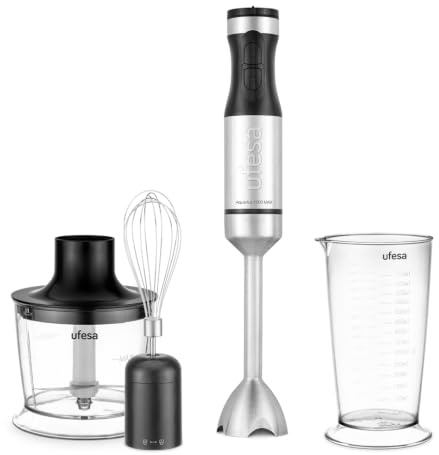 Ufesa Batidora de Mano Aquarius Max 1000W, Función Turbo, Control Velocidad Variable, 4 Cuchillas de Alta Eficacia, Pie Inox Desmontable, Antisalpicaduras, Vaso 700ml, Picadora 500ml y Batidor