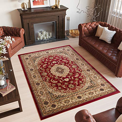 TAPISO Yesemek Klassisch Teppich Kurzflor Wohnzimmer Schlafzimmer Orientalisch Ziegler Floral Medaillon Muster Bordüre Rot Beige Barock ÖKOTEX 60 x 100 cm