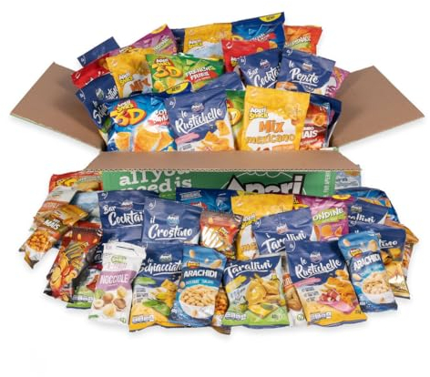APERIBOX 60 - AP18.001.04 - Scatola regalo con Snack salati, patatine, frutta secca e tanti stuzzichini, Box super variegata per un aperitivo in compagnia o gadget compleanno bambini