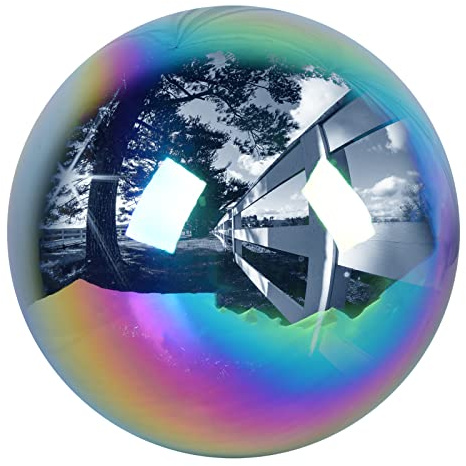 10 inch Stainless Steel Gazing Ball, E-Buying Rainbow Mirror Polished Hollow Seamless Gazing Globe Reflective Garden Sphere Floating Pond Balls for Home Garden Ornament Decoration
