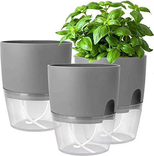 iDattel Kräutertopf Küche Set,Blumentopf Fensterbank selbstbewässernd-3er Set Kräutergarten für die Küche,18.2X 11x 15.3 cm, für frische Küchenkräuter, Grau