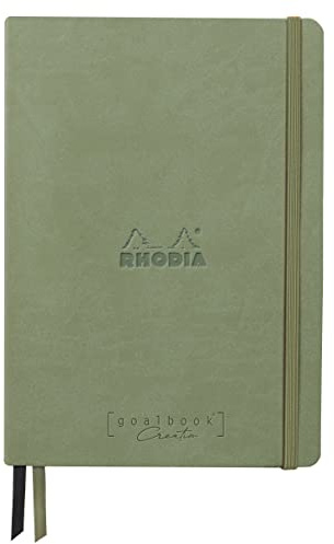 RHODIA 194446C - Rigid Notebook Goalbook Creation Céladon - A5 - 14.8 x 21 cm - Dotted - 160 pages Paper Maya Black 120 g/m² - 2 Ribbons - Faux Leather Cover