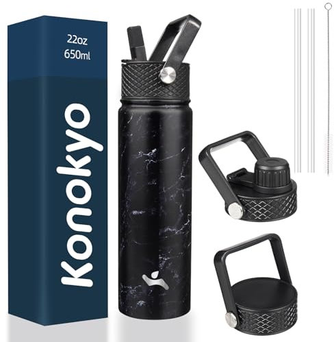 Konokyo Insulated Water Bottle with Straw,22oz 3 Lids Metal Bottles Stainless Steel Water Flask,Marble Midnight