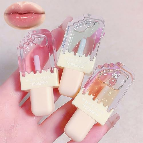 3PCS Brillo de Labios Set, Aceite de Labios Transparente con Sabor a Frutas, Lip Glow Oil Enrollable, Lápiz labial Líquido Brillante Hidratante de Larga Duración, Tinte Aceite Labial para Mujeres