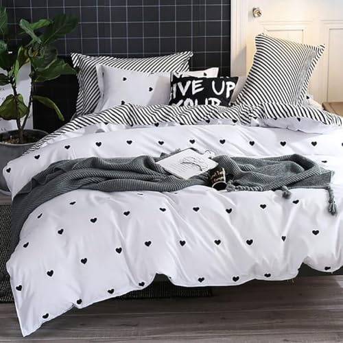 AShanlan Juego de ropa de cama de 140 x 200 cm, diseño de corazones, color blanco y negro, microfibra, funda nórdica con funda de almohada de 70 x 90 cm, diseño moderno a rayas, reversible, con