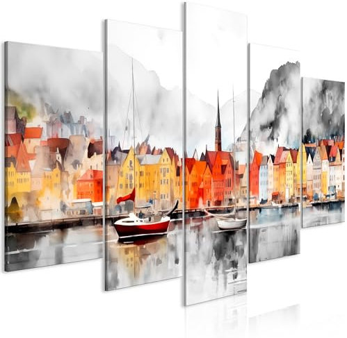 murando - Acoustic Canvas Wall Art Mountainn City 225x112 cm 5 pieces - Picture Acoustic Foam Sound Absorption Print Image Artwork Room Acoustics Soundproofing Landscape Bay Mountain d-H-10005-b-c