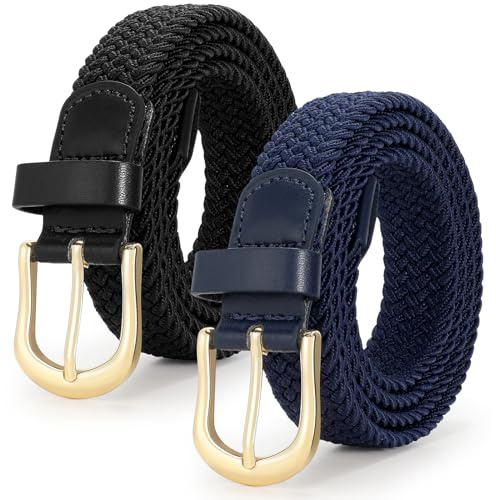 JASGOOD 2 Pack Ladies Braided Elastic Belts Casual Women Elasticated Canvas Woven Belts for Jeans Pants 1 Inch Wide
