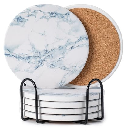 Hoewina 6Pcs Drink Coasters with Holder, Natural Style Ceramic Drink Coaster, Absorbent Coasters Set Suitable for Kinds of Cups, Modern Style Coasters for Coffee Table, 4 Inches（Style 6）