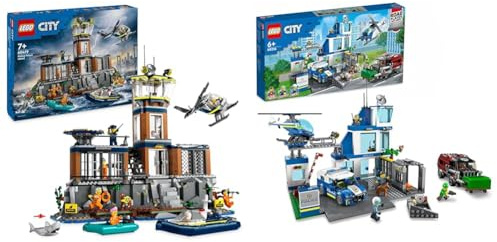 LEGO City Polizeistation auf der Gefängnisinsel, Polizei-Spielzeug mit Hubschrauber & City Polizeistation mit Polizeiauto, Müllauto und Hubschrauber