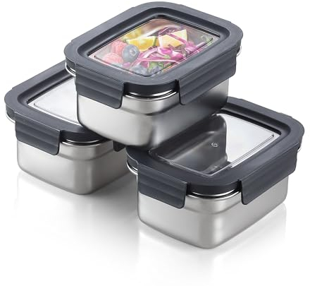 Misichao Stainless Steel Food Storage Containers with Lids - Stackable Airtight Meal Prep Food Containers for Kitchen & Pantry, Leakproof, Reusable Metal Bento Lunch Box 600ml 3 Pack
