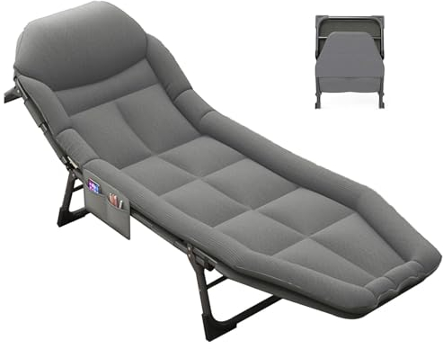 PJDDP Lit De Camping Pliant pour Adultes avec Matelas, Chaise Longue Réglable à 5 Positions, Lit De Couchage Extérieur Portable pour Pêche,Pique-Nique,Piscine,Plage,Bureau,Light Grey