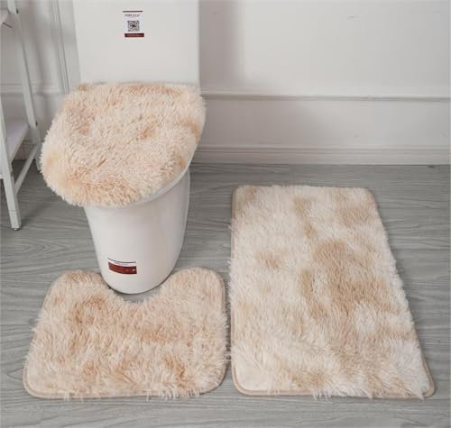 Juego de alfombras de baño de microfibra suave, 3 piezas, antideslizante, funda de asiento de inodoro de felpa esponjosa para baño, tapete de baño absorbente de agua, lavable a máquina (camello claro)