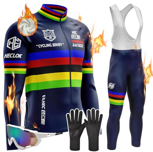 Conjunto de Maillot Ciclismo Manga Larga Hombre, Ropa de Ciclismo de Invierno Térmico para Hombre con Pantalón Acolchado de Gel 9D Y Culotte con Tirantes Polar cálido (TYP-3,L)