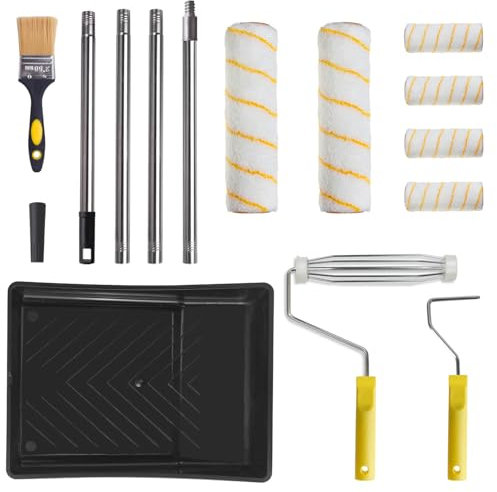 Farbroller Set, Malerset Streichen, Farbwalze Bügel Mit 4-Teiliger Aluminiumstange von 30 bis 150cm, Malerpinsel, Farbwanne, Malerzubehör