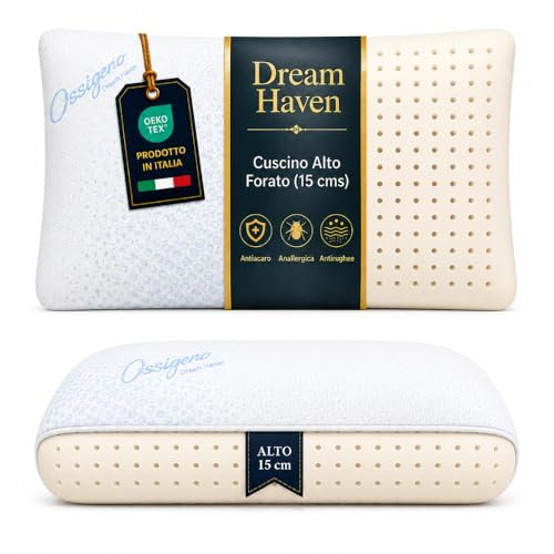 DREAM HAVEN Cuscino Alto 15 cm, Cuscino Memory Foam Forato con Federa Ossigeno Traspirante, Antiacaro, Antirughe e Anallergica, Cuscino Letto Ergonomico Made in Italy (1)