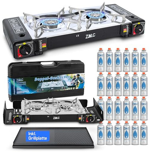 ZMC Camping Gaskocher 2-flammig inkl. Adapter für LPG Anschluss + Aufbewahrungskoffer, Campingkocher mit Gaskartuschen 227g und Grillplatte Wählbar (Gaskocher + Grillplatte + 24x Gaskartuschen)